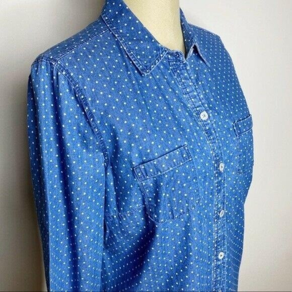 The Limited Tops - The Limited | Womens Size L Blue White Polka Dot Chambray Top Collared